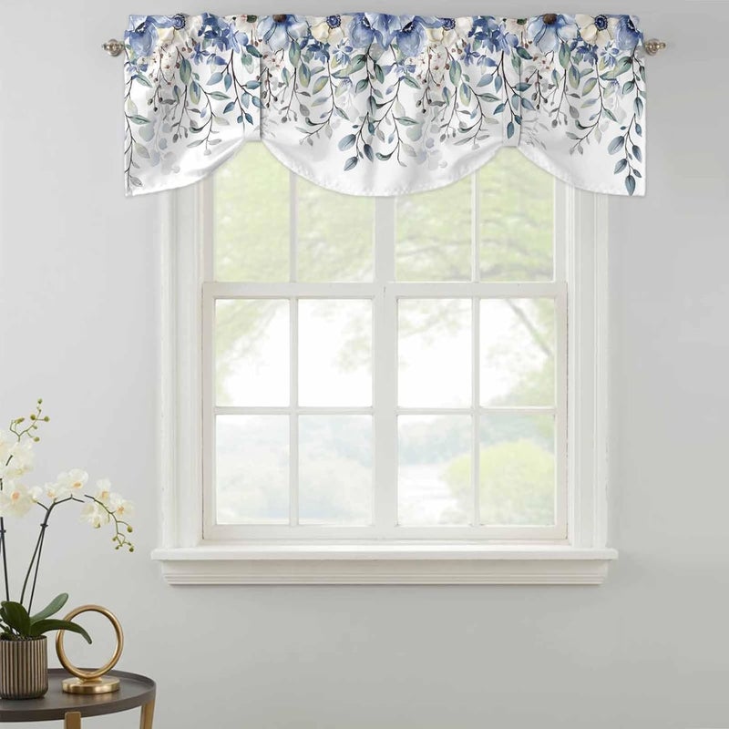 RisQiten Blue Spring Floral Tie Up Valance Curtains for Windows, Summer Botanical Kitchen Curtains Window Treatments, Weeping Flower Short Window Shades Valances for Bedroom Bathroom Cafe 54"x18" - Image 2